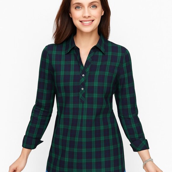 Talbots Tops - Talbots Blue Green Tartan Plaid Long Sleeve Popover Tunic Blouse Womens 6